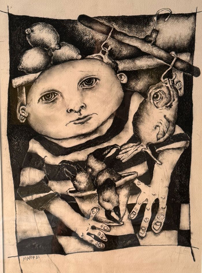 Charcoal and wash drawing of a child's face surrounded by lemons and figures, by Jackie Marno-McGoldrick, 2021.