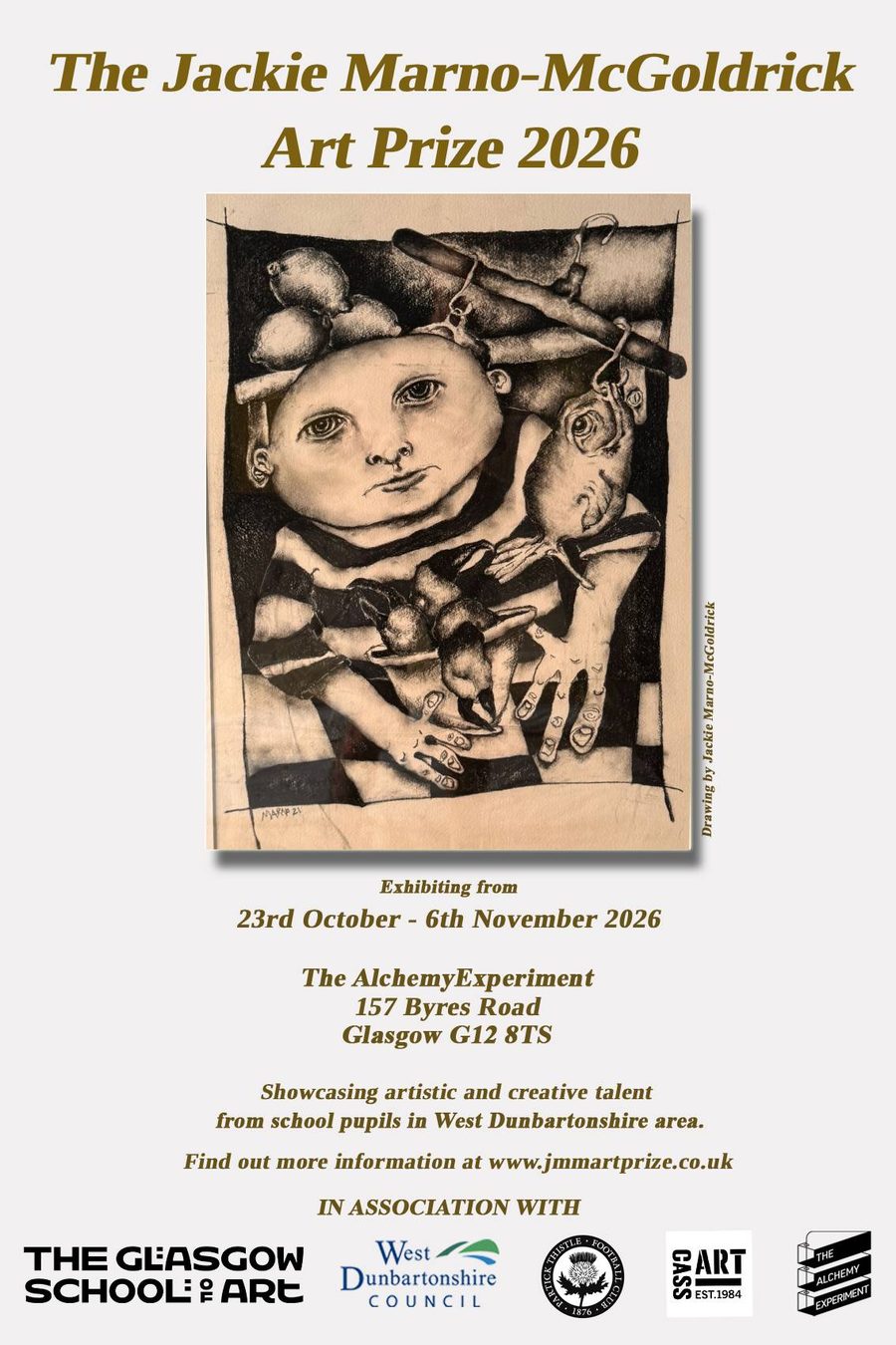 Poster for The Jackie Marno-McGoldrick Art Prize 2026, featuring a charcoal drawing by Jackie Marno-McGoldrick.